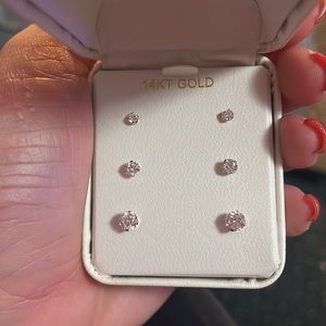 14K Gold CZ Stud Earrings (Set of 3)